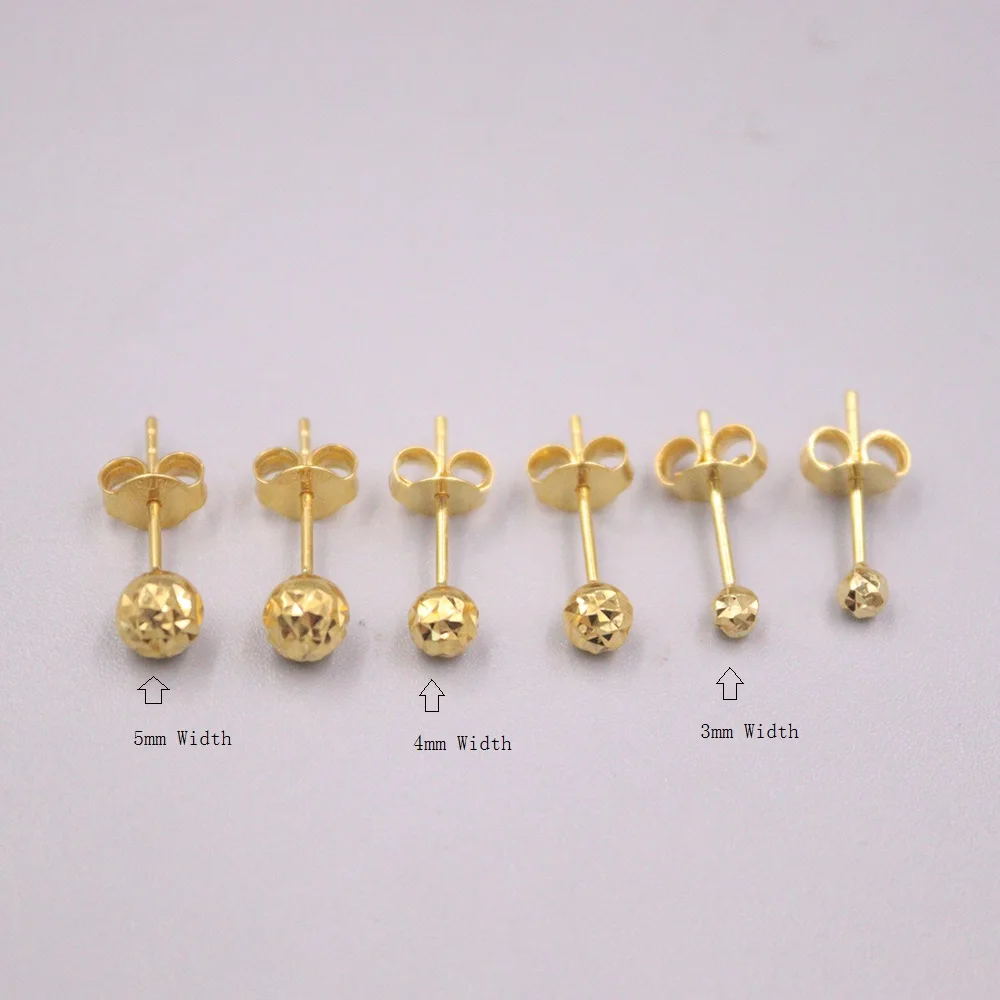 

New Real 18K Yellow Gold Stud Earrings 3mm, 4mm, 5mm Faceted Ball Shap Stamp Au750 For Woman