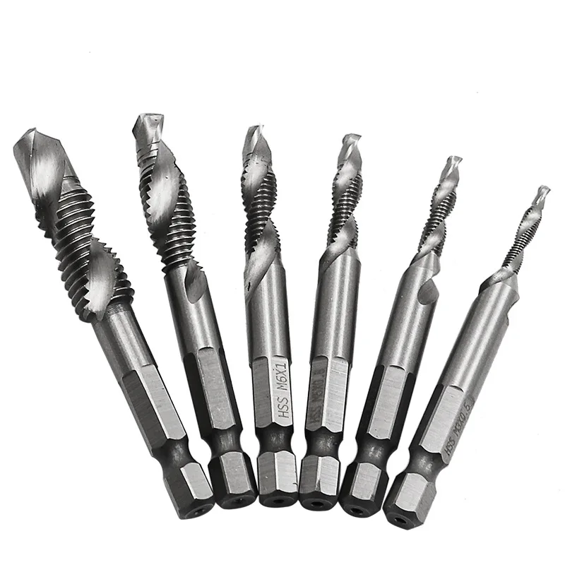 6Pcs/1Pcs 1/4'' Hex HSS High Speed Steel Thread Spiral Screw M3 M4 M5 M6 M8 M10 Metric Composite Tap Drill Bit Tap