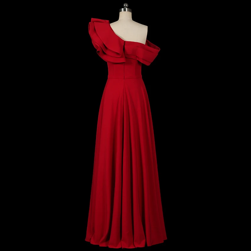 LSDZ49 Red Frill Banquet Women Evening Dresses Slim-fit Draped One-shoulder Satin Red Carpet Party Activity Skirt