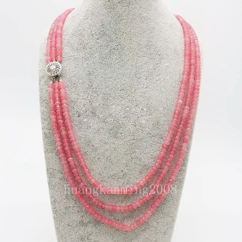 Women's 3Rows 8mm Natural Pink Jade Faceted Gems Beads Necklace