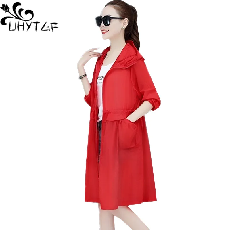 UHYTGF Long Sleeve Womens Thin Sun Protection Clothing Hooded Breathable Outdoor Summer Jacket Female Anti-UV Big Size Coat 2093