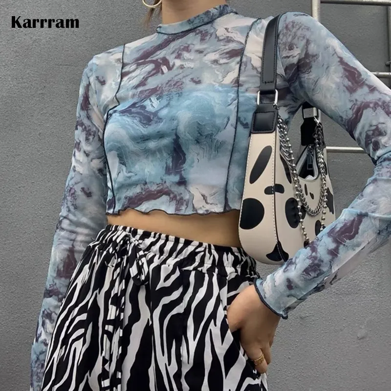 Karrram Summer Long Sleeve T-shirts Blue Tie Dye See Through Mesh Crop Tops Sexy Slim Women Folds Design Korean Club Streetwear