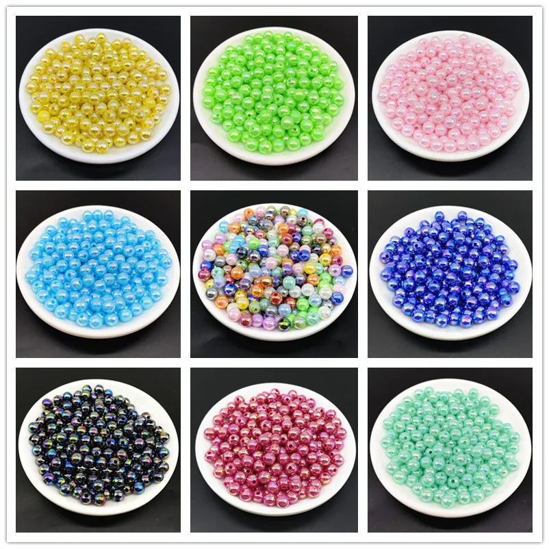 6 8 10mm AB Color Plating Acrylic Beads Loose Spacer Round  Garment  Jewelry Making DIY #RoLi