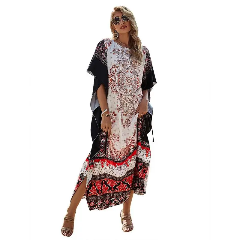 Spring Summer 2021 Maxi Dresses For Women O Neck Long Dress Batwing Sleeve Loose Lace Up Waist Floral Patchwork Dress Streetwear