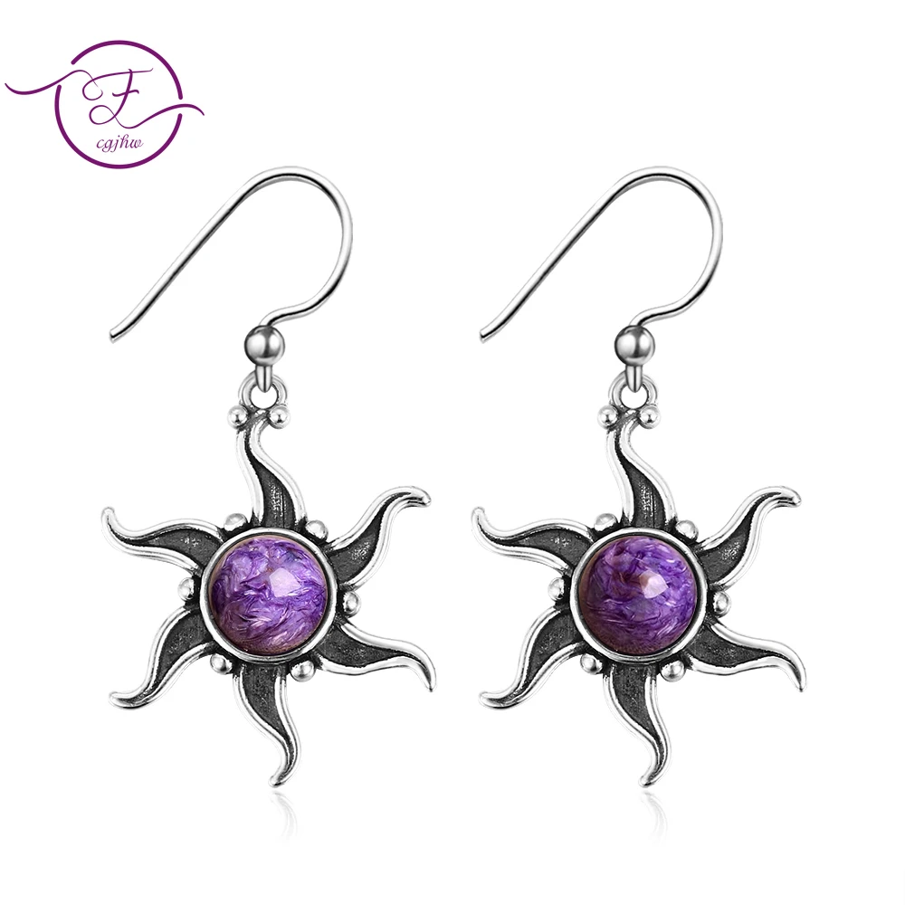 

Boho Natural Charoite Drop Earrings for Women Vintage Jewelry Geometric Round Earings for Party Anniversary Gift
