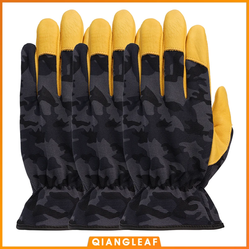 

Qiangleaf 3pcs Work Gloves Protective Top Layer Cowhide Camouflage Cloth Tactics Safety Glove Wear Resistant Non-slip 9530MC