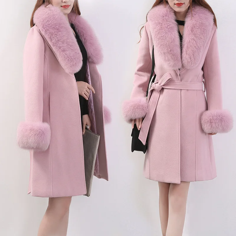 Autumn Winter Women\'s Woolen Coat New Fashion Fur collar Mid Long Outerwear Slim Large Size Pink Red Wool Coat Women Clothing