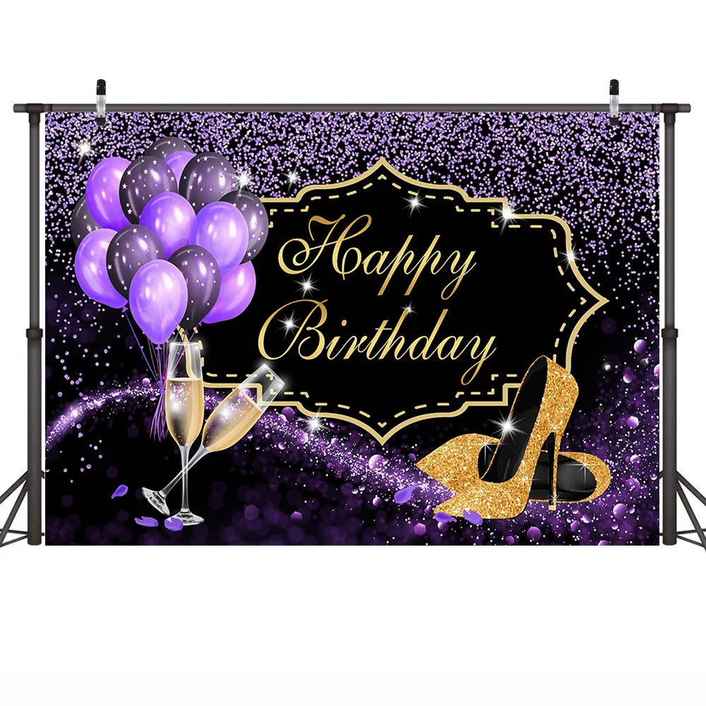 Adult High Heels Themed Birthday Party Backdrop Woman Happy Birthday Cake Smash Background Glitter Bokeh Balloons Photocall