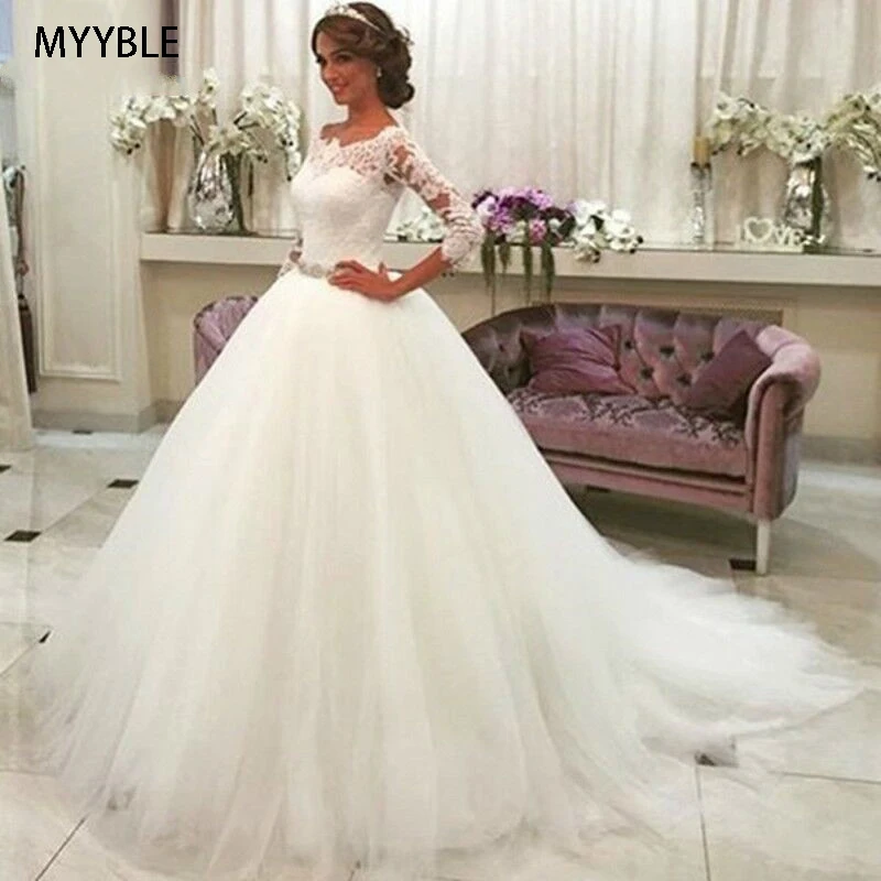 

MYYBLE Custom Size Ball Gown 3 4 Sleeve Beading Lace Tulle Formal Wedding Dresses Bridal Wedding Gowns 2020 New Vestido De Noiva