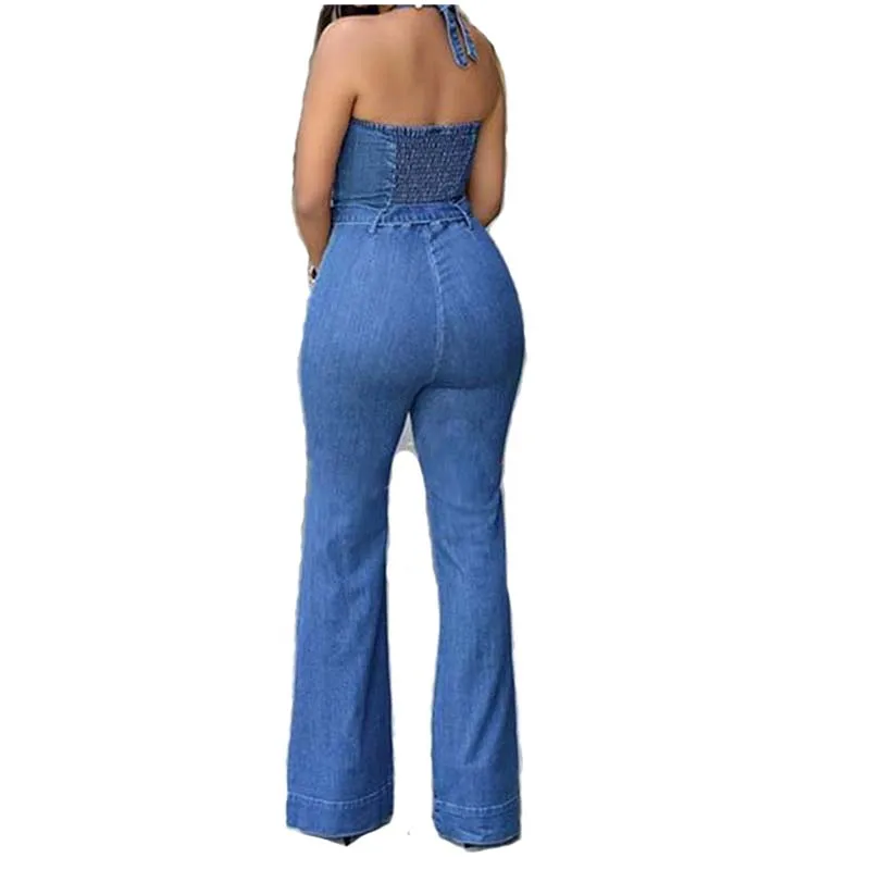 Women Blue Sexy Fitness Denim Jumpsuits Casual Halter Sleevless Playsuits Slim Plus Size Overalls Jeans Rompers Pants with Belt