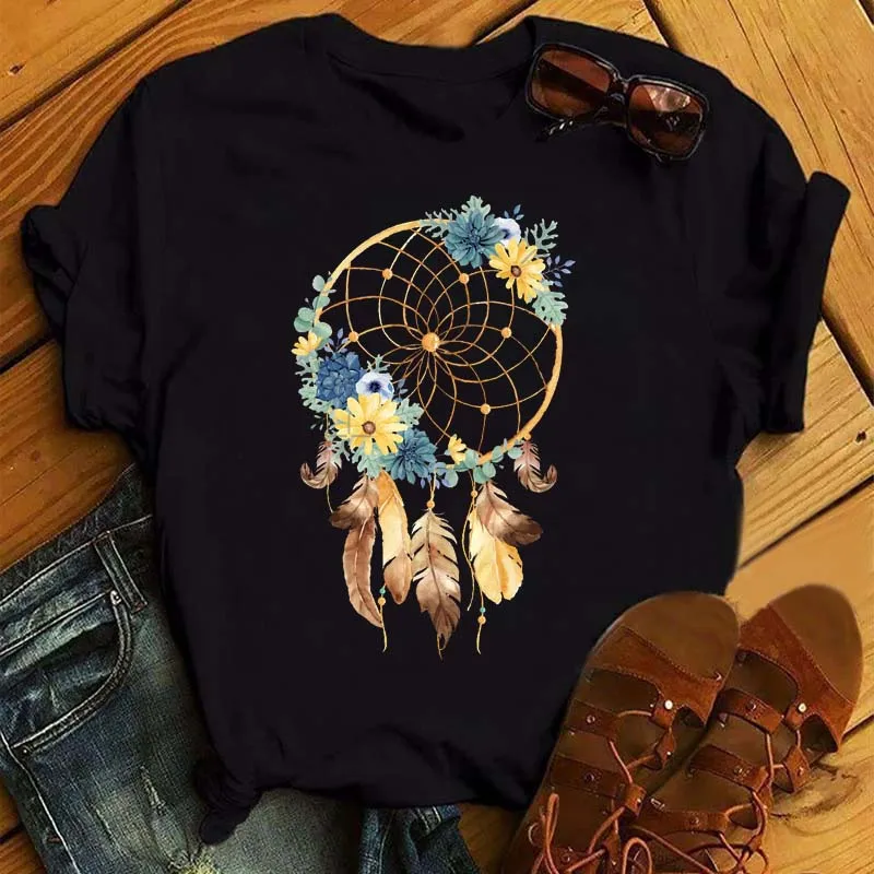 Maycaur Women Summer Short Sleeve Dreamcatcher Feather Fashion Print Lady T-shirts Top T Shirt Ladies Womens Graphic Tee T-Shirt