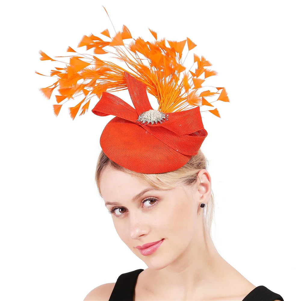 

Orange Feather Hair Clips Fascinators Church Party Hats Bow Fedora Caps Women Elegant Lady Headwear Decoration Headpiece SYF680