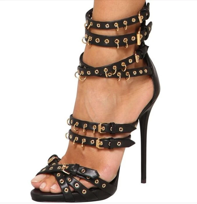 

Ladies Stage Metal Eyelet with Ring Sandals Summer High Heels Sandals Stiletto Heel Buckle Peep Toe Female Gladiator Sandalias