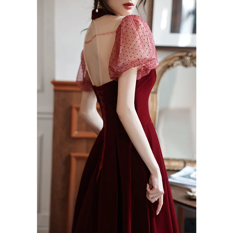 Sexy Chiffon Puff Hülse Velours Abendkleid Zurück Bandage Formale Kleider Cheongsam Robe De Soiree Vestidos Größe XS-3XL