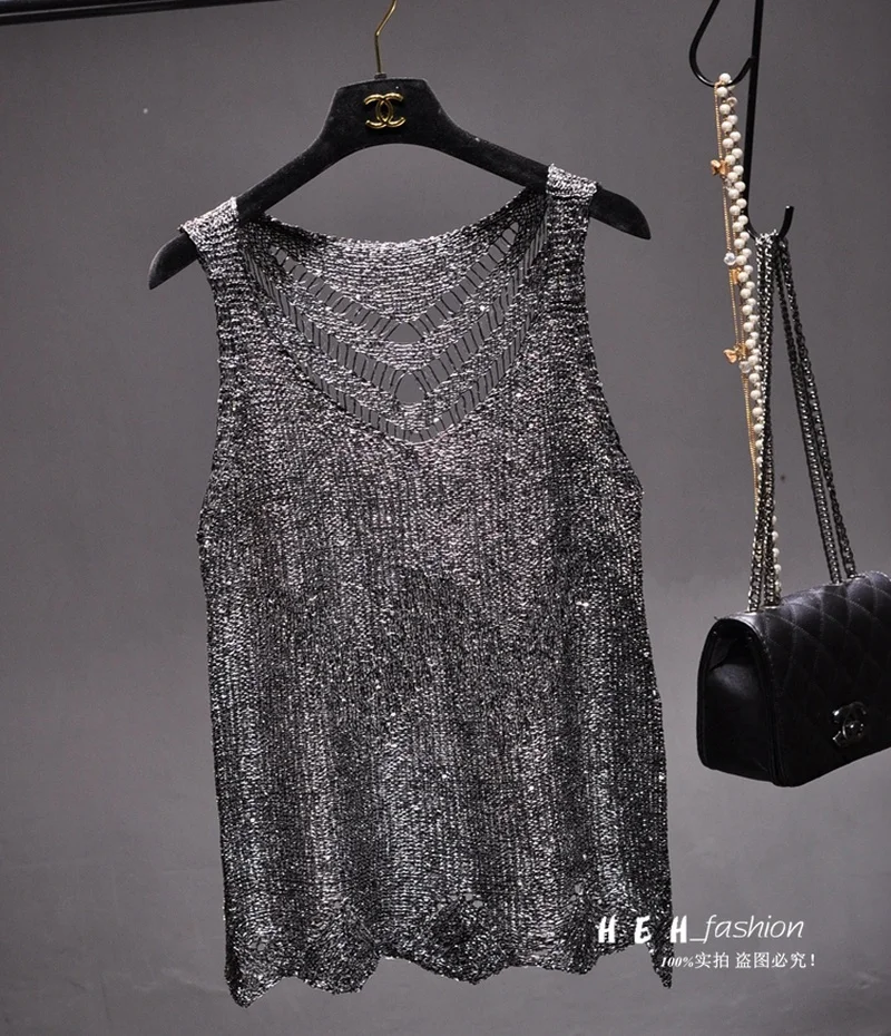 Sequins Sexy Hollow Out Light Silk Condole Belt Vest Gold Sleeveless Knitting Coat Top Mujer Verano 2024 Heart Cut Out Top