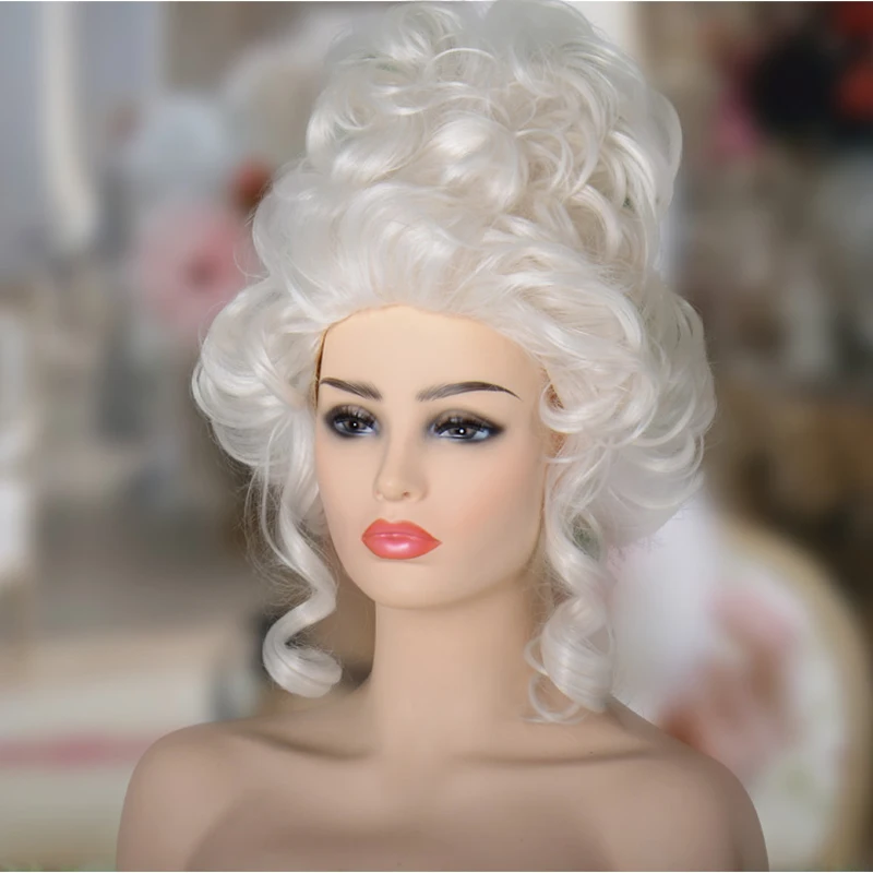 Peluca de María Antonieta, pelucas de princesa, pelo sintético medio rizado resistente al calor, peluca de Cosplay + gorro de peluca