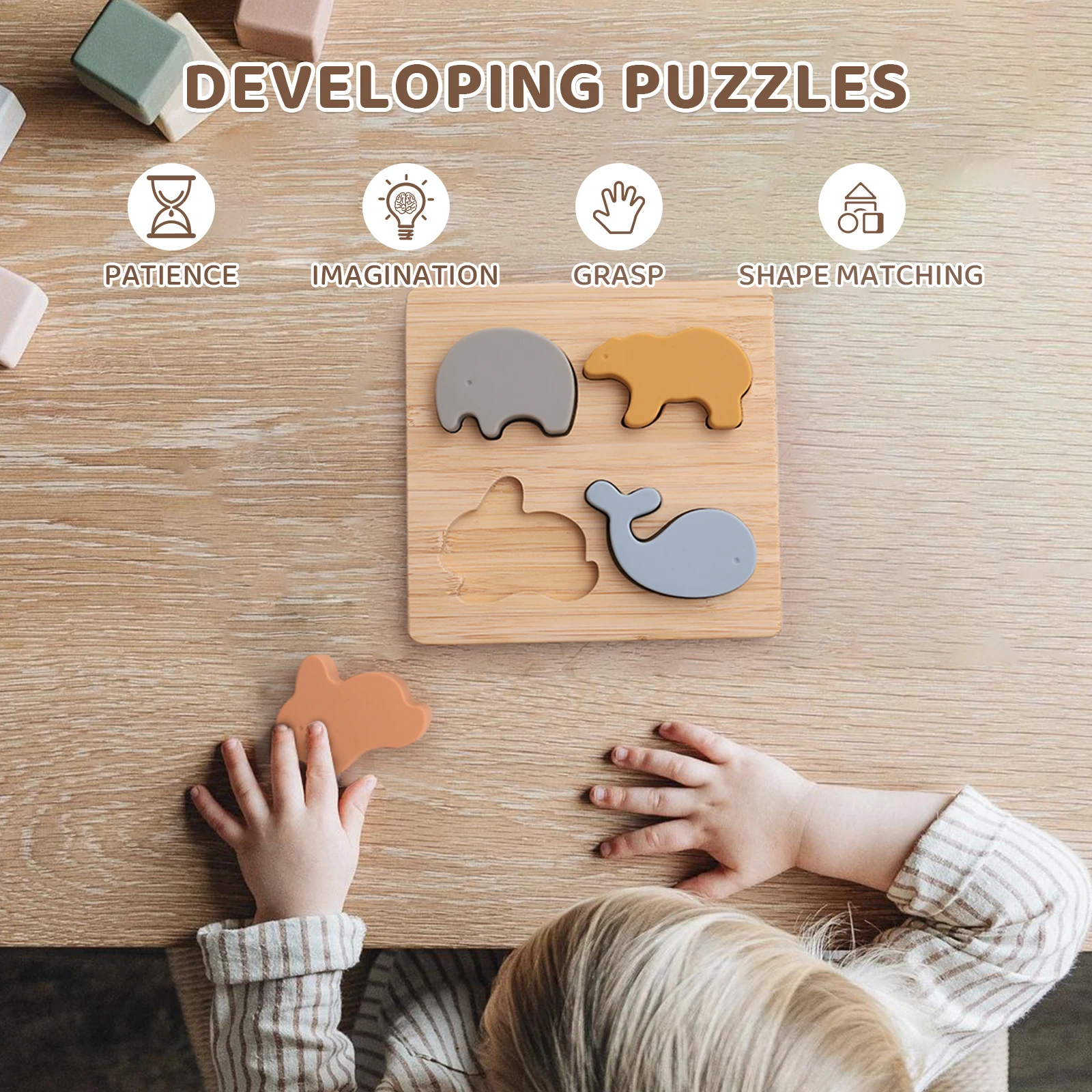 Baby Speelgoed Houten 3d Puzzel Siliconen Dier Leren Cartoon Dierlijke Intelligentie Puzzel Speelgoed Voor Kinderen Educatief Speelgoed