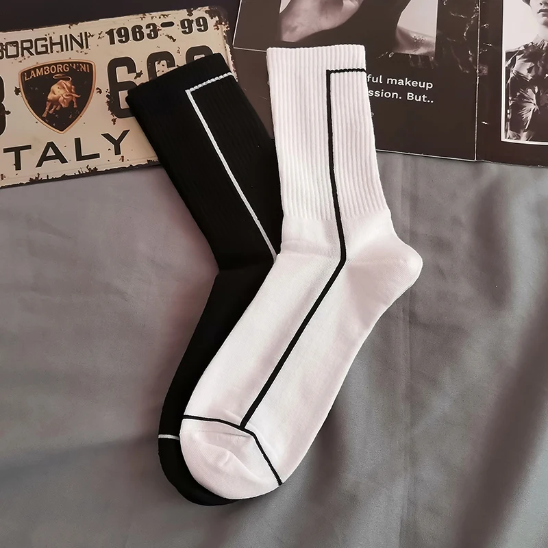 Ins Adult Mid Calf Crew Cotton Street Fashion White Socks Horsemanship Junior Show Jumper Hose Black Line Lines Figure Letters