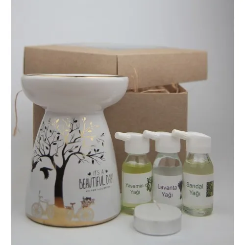 Gift Idea Life Tree Design Censer and 3'lü Oil Set-White