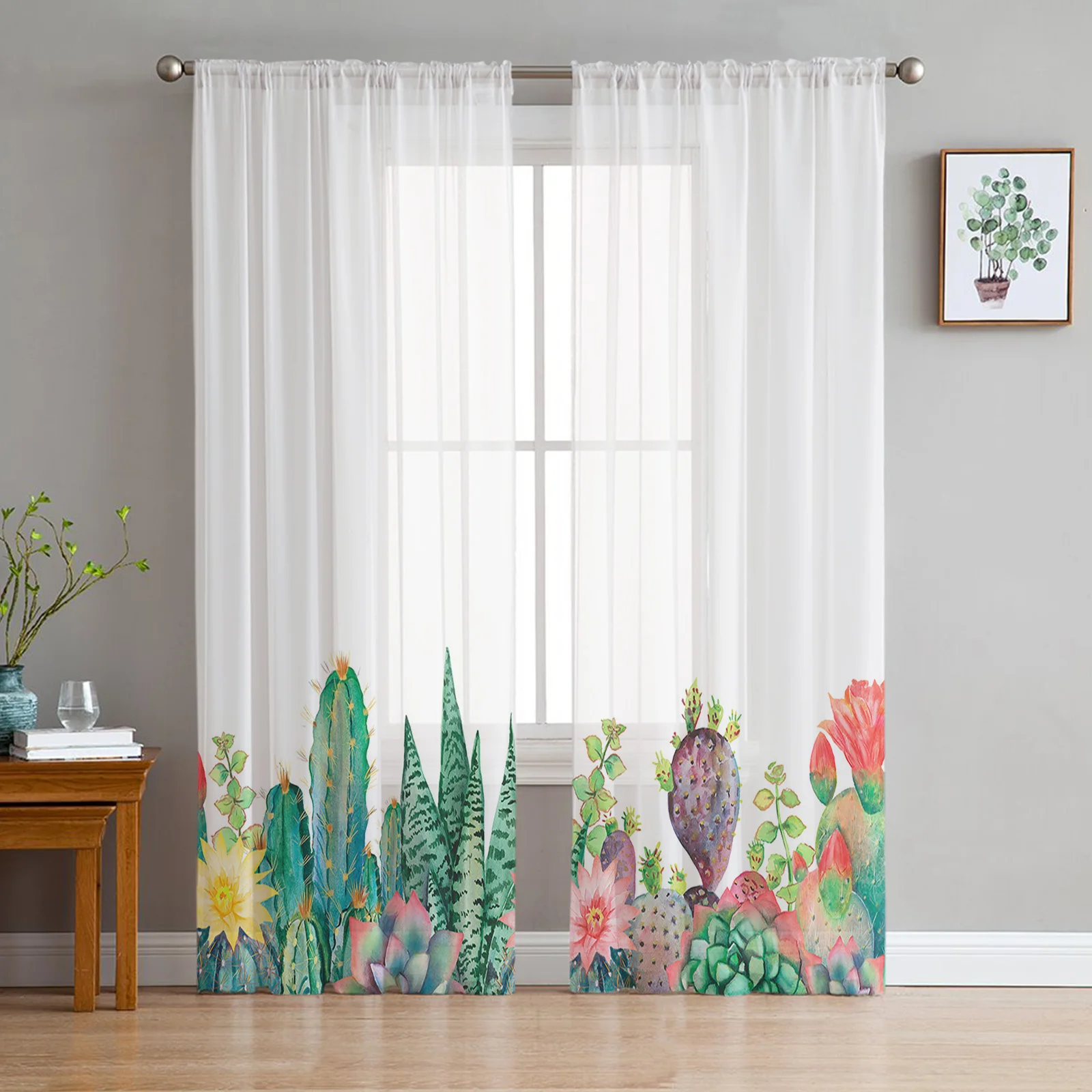 Cactus Watercolor Illustration Curtain For Living Room Transparent Tulle Curtains Window Sheer For The Bedroom Accessories Decor