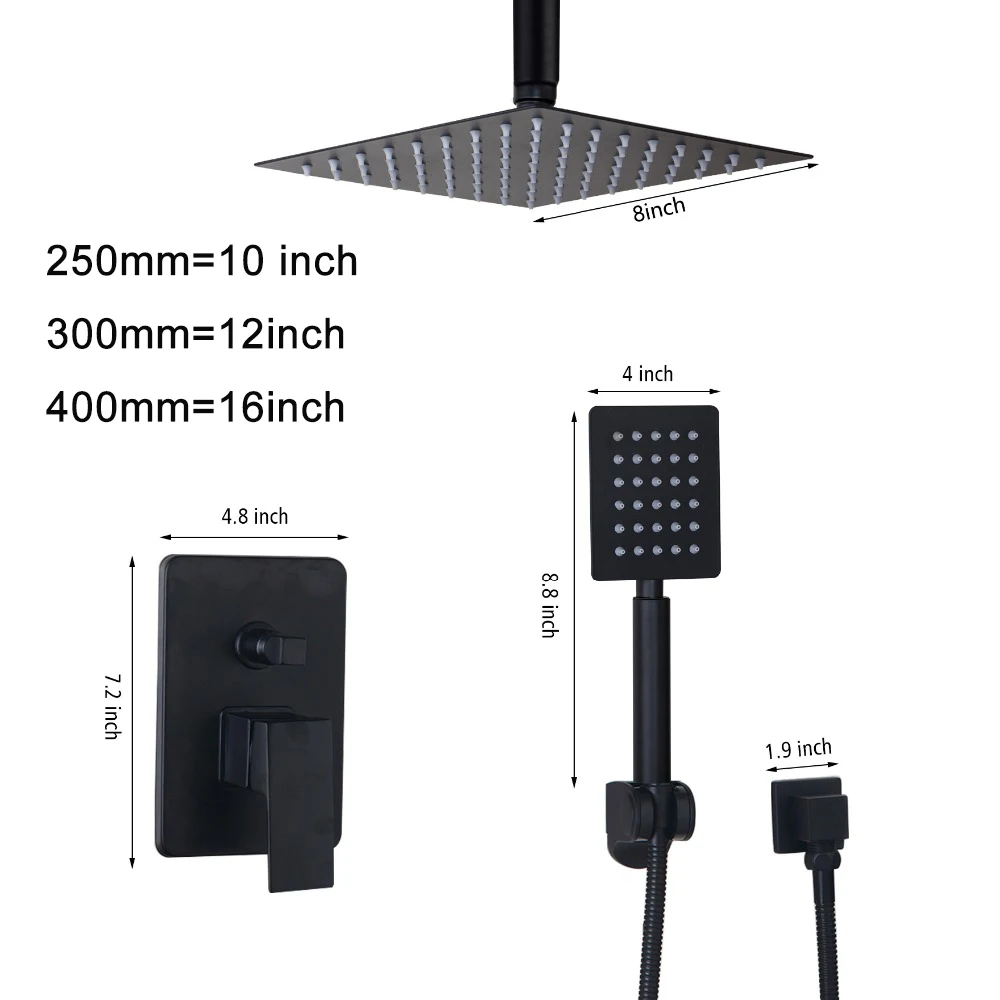 Imagem -02 - Yanksmart-led Conjuntos de Torneira de Chuveiro de Banheiro Montado no Teto Cabeça de Chuveiro Quadrada Chuveiro de Chuva Misturador de Chuveiro Torneira de Água Preto Fosco