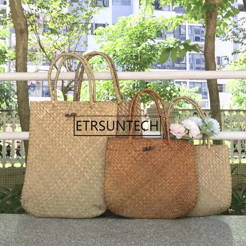 30pcs Handmade Straw Bag Retro Straw Woven Handy Beach Bag Holiday Travel Outdoor Sundry Storage Bag