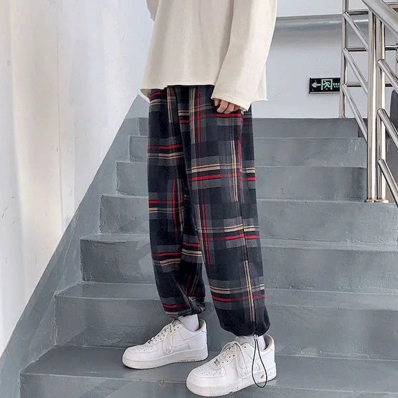 Fonekie Casual Loose Plaid Pants Mens Trendy Drawstring Trousers Korean Guard Pants Straight-leg Handsome Sweatpants Men Clothes