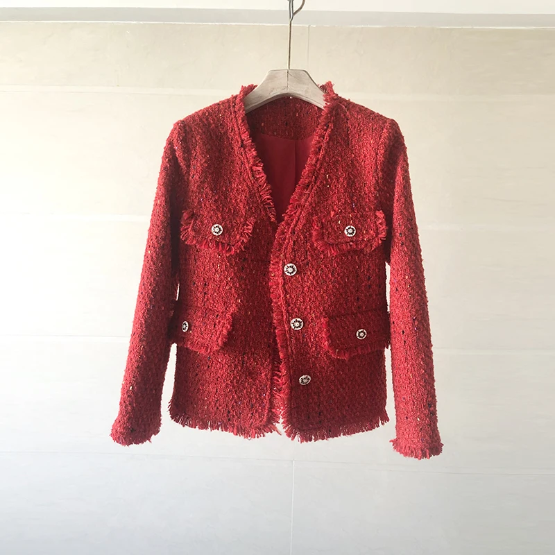 2021 Autumn Winter New Women Red Tassel Tweed Jacket Coat Female Luxury Casual Outerwear For Ladies