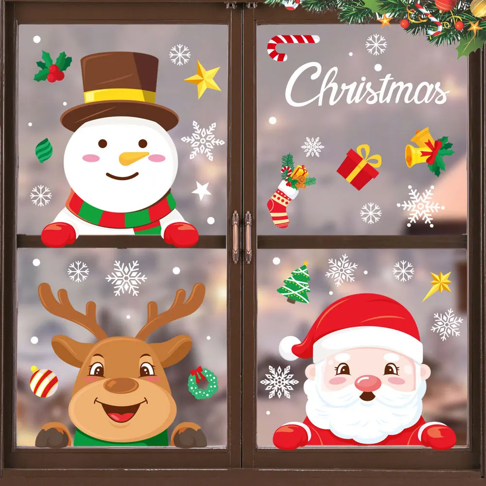 คริสต์มาสสติกเกอร์แก้วเครื่องประดับตกแต่งบ้าน Xmas Snowflake Santa Claus ประตู Shop สติกเกอร์หน้าต่างปีใหม่ตกแต่งคริสต์มาส