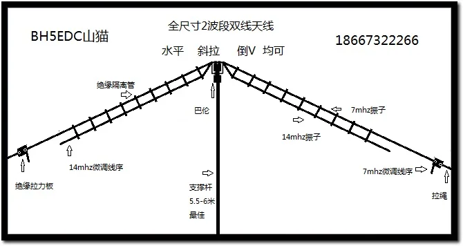 EDC2 Band Low Noise Floor Full-size Dual-line Omnidirectional Short-wave Antenna Base Station Horizontally Inclined V