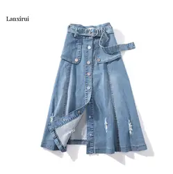 Summer Women  Blue Denim Skirt Fashion Split High waist Midi Long Skirt Female Loose Casual A-Line Jeans Skirts