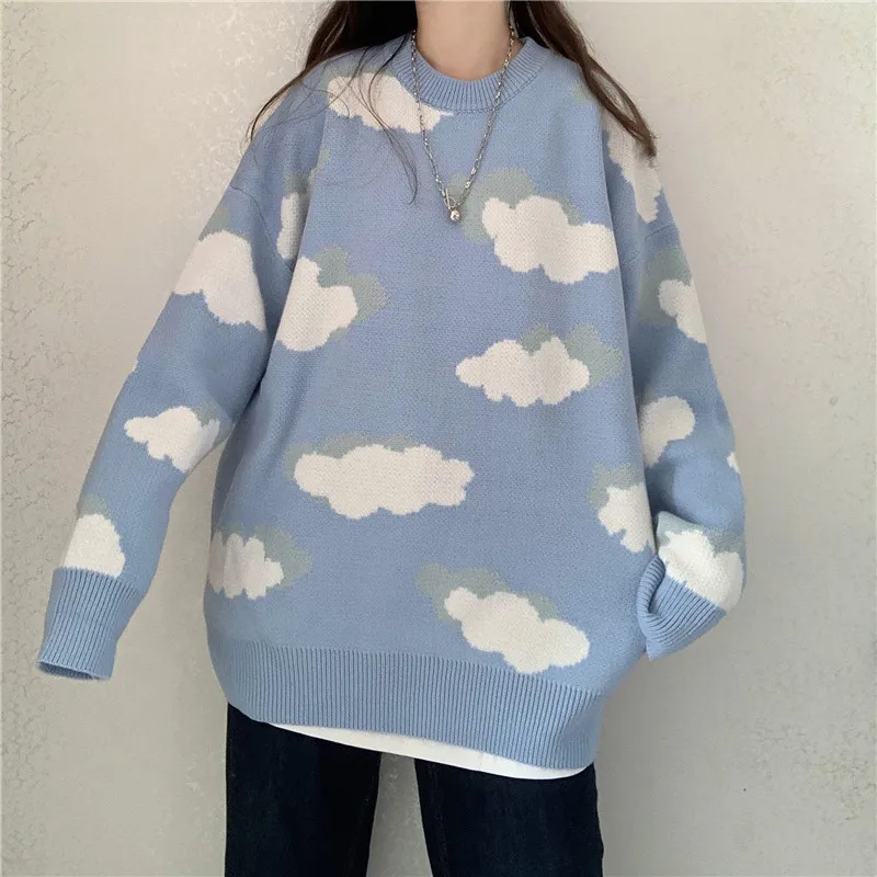 Cute Vintage Knitted Sweater Women Autumn Winter Oversize Jumper Harajuku Long Sleeve Knitwear Korean Kawaii Cloud Blue Pullover