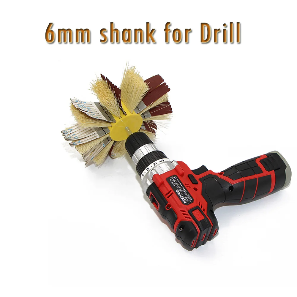 150*6mm shank Drill Wood Polishing Wheel Brush Sisal & sand cloth Combi Abrasive Wheel