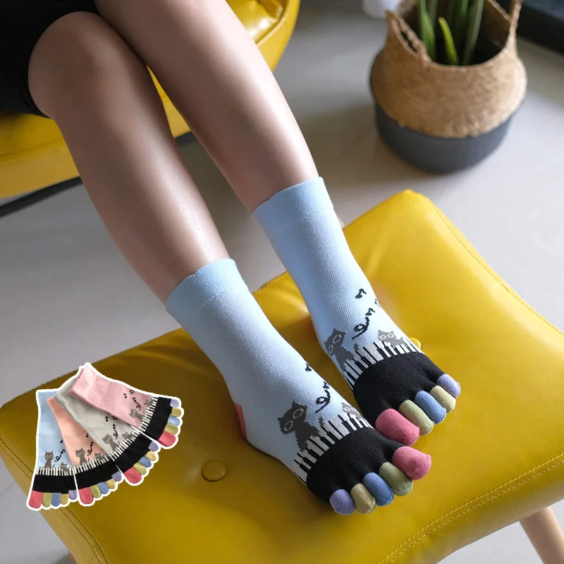 Women Cotton Cartoon Five Finger Socks Lovely Cat Piano Patent Colorful Split Toe Socks Kawaii Gift For Girl