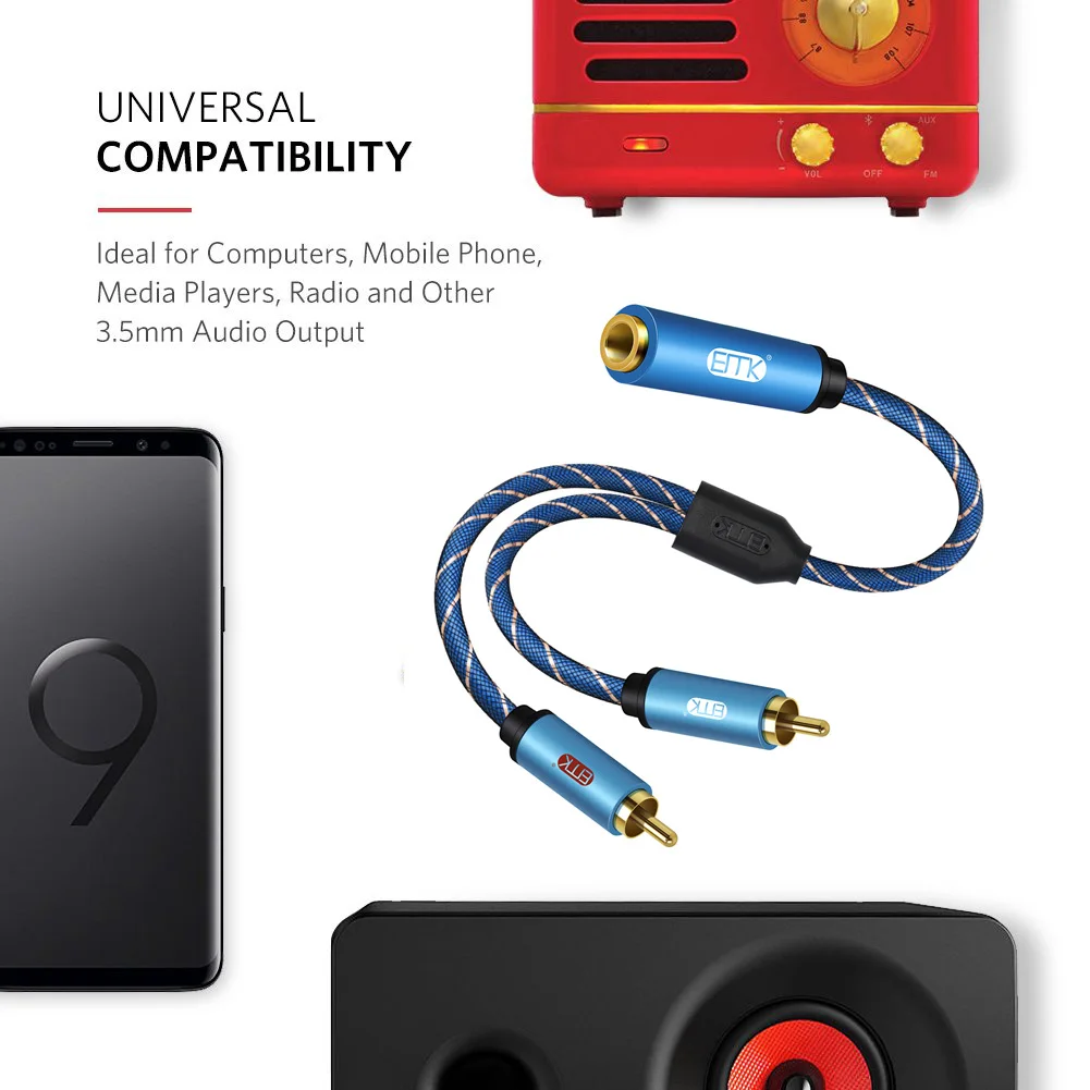 EMK 3.5mm żeńskie do 2RCA męski stereofoniczny kabel Audio Adapter pozłacany do smartfonów, MP3, tabletów, kina domowego