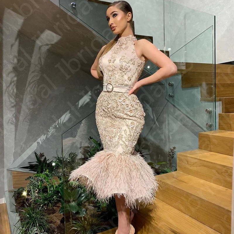 Latest Exquisite Nude Homecoming Gowns Mermaid High Neck Wedding Party  Beading Feather Back Out Cocktail Dresses Mid Calf