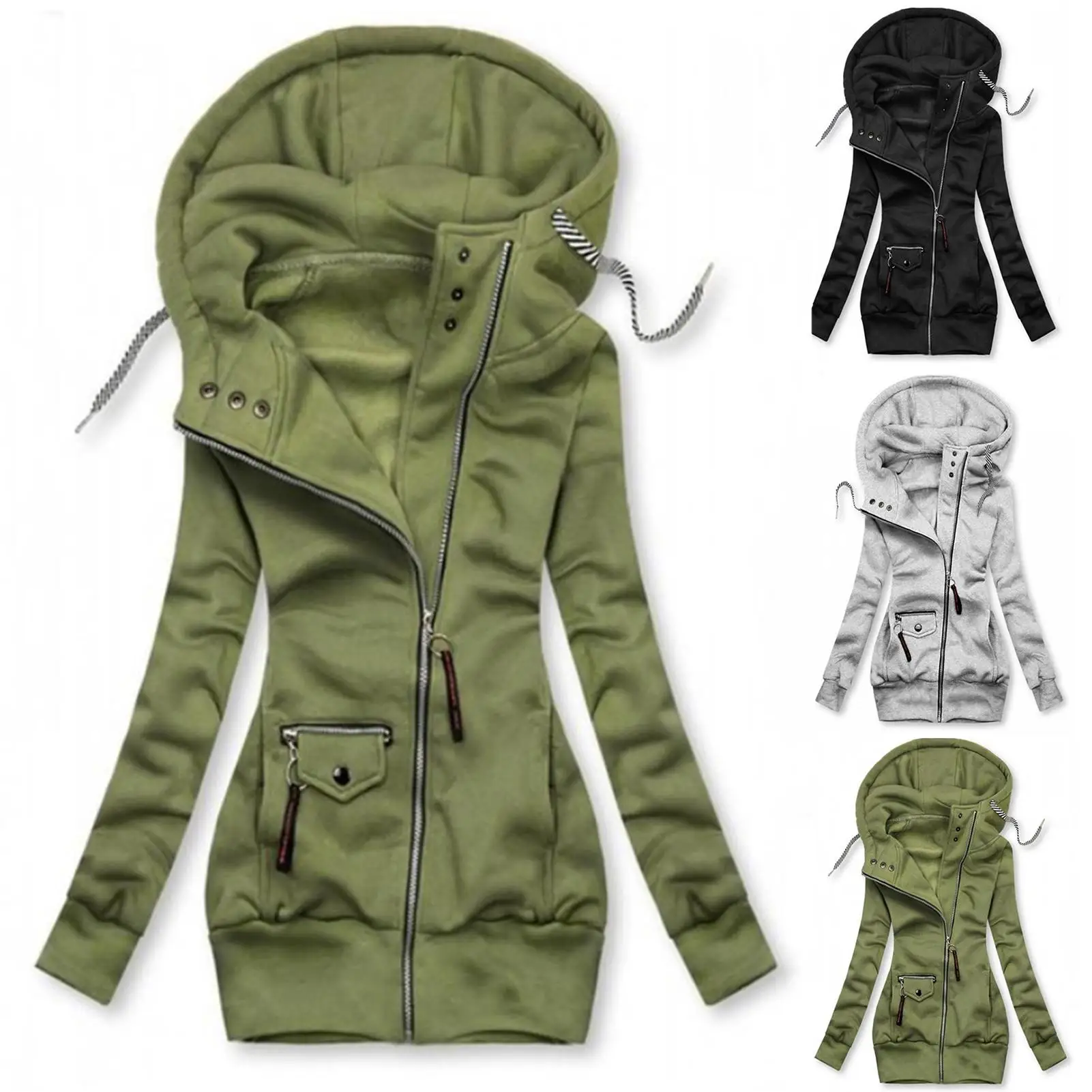 Women Fashion Long Sleeve Drawstring Hooded Slim Jacket Coat Zipper Outerwear