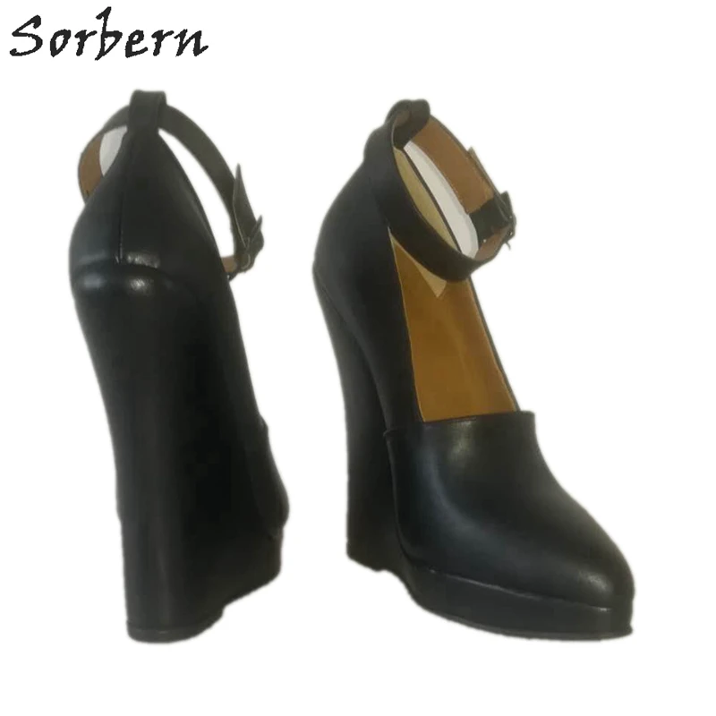 Sorbern 16cm wedges high heel pumps women shoe ankle straps pointed toe real leather platform heels shoe lady 14cm 16cm 20cm