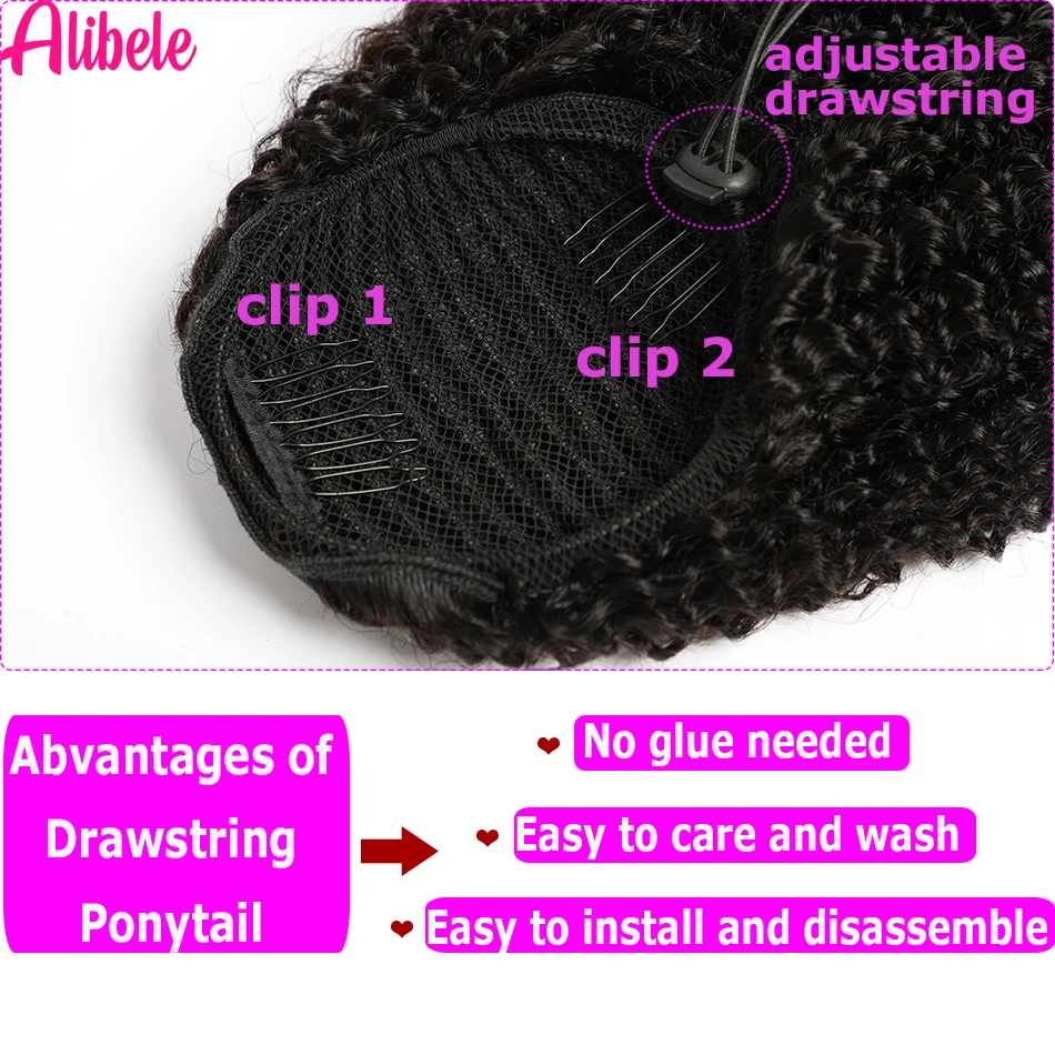 10-28 Inch Mongolian Afro Kinky Curly Ponytail Clips In Drawstring Ponytail Human Hair Alibele Wrap Around Velcro Hair Ponytail