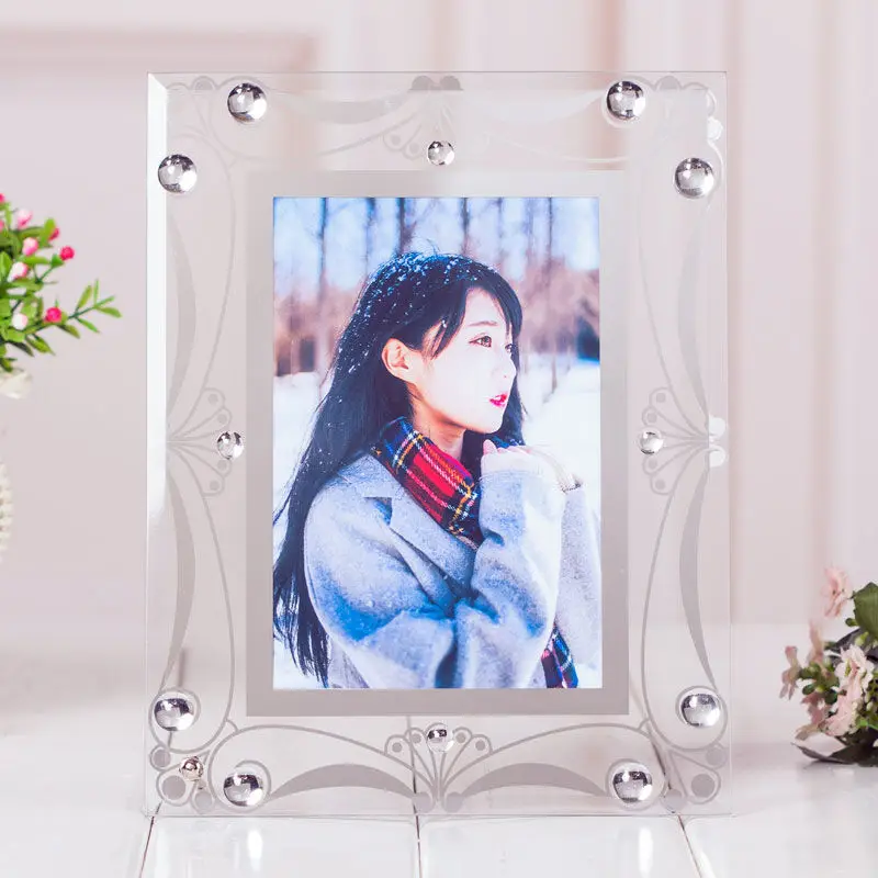 Glass Photo Frame with Rhinestone, Living Room Ornaments, Modern and Simple, 5 in, 6 in, 7 in, 8 in
