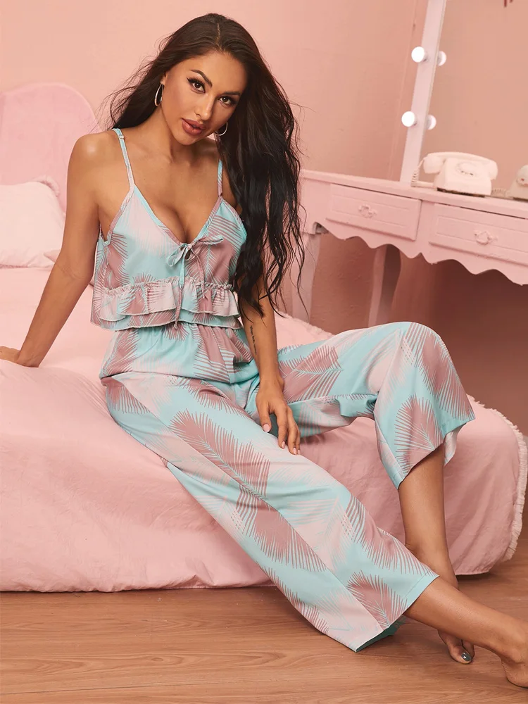 Tropical Print Pajamas Set Ruffle Hem Loungewear Satin Cami Top and Panty Tie Front Sleepwear Soft Home Suit