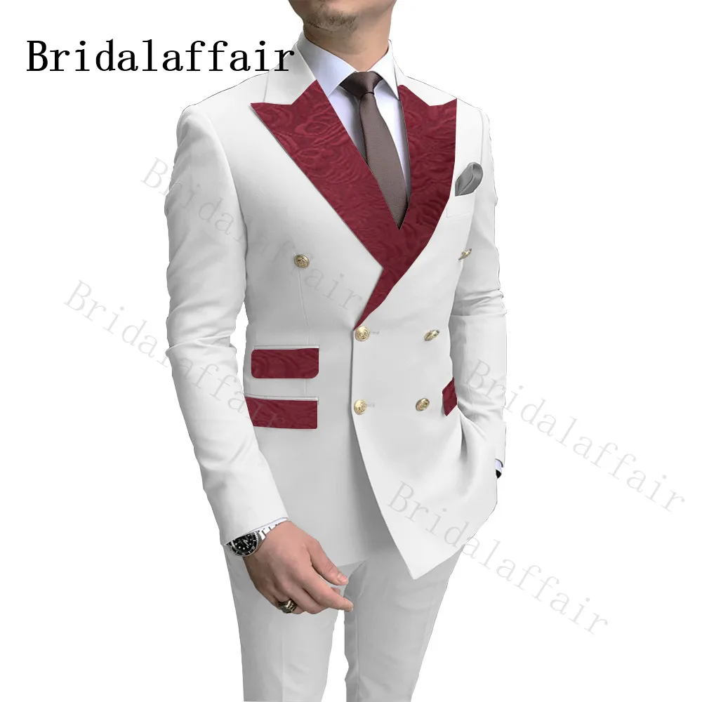 Bridalaffair Classic Burgundy Paisley Lapel Pockets Men Suits White Wedding Groom Suits Double Breasted Costume Homme 2 Piece