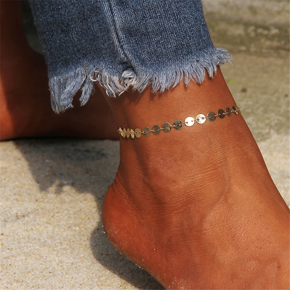 MinaMaMa Simple Stainless Steel Heart Disc Sequin Anklet For Women Leg Chain Beach Foot Jewelry Accessories