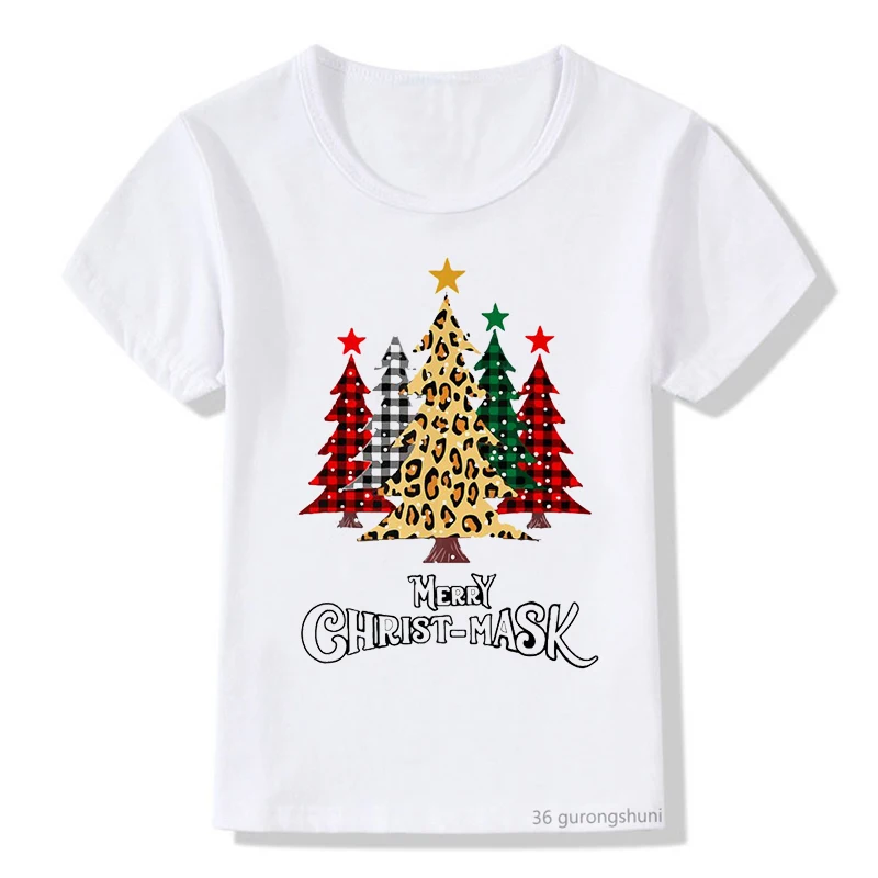 T-shirt for boys/girls Merry Christmas Trees with Buffalo Plaid & Leopard printed children's tshirt fashion kids Christmas shirt