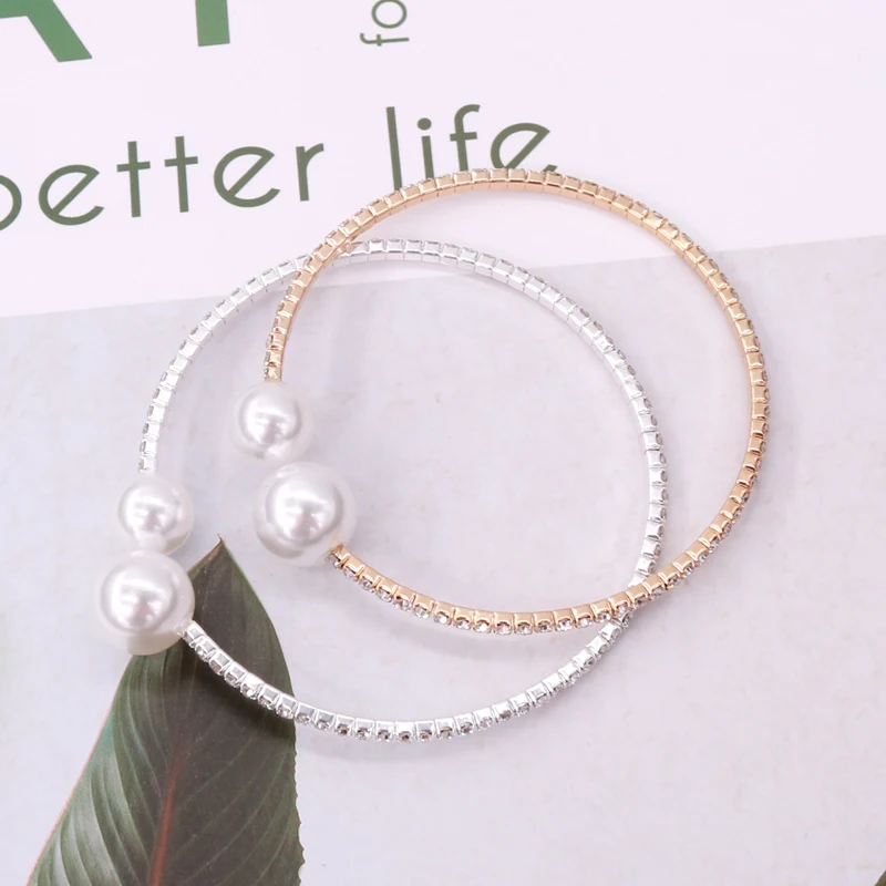 

Hot Sale 12pcs/lot Fashion Opening Rhinestone Pearl Bracelet Bling Gold Silver Bangle Bracelets for Women Gift Jewelry