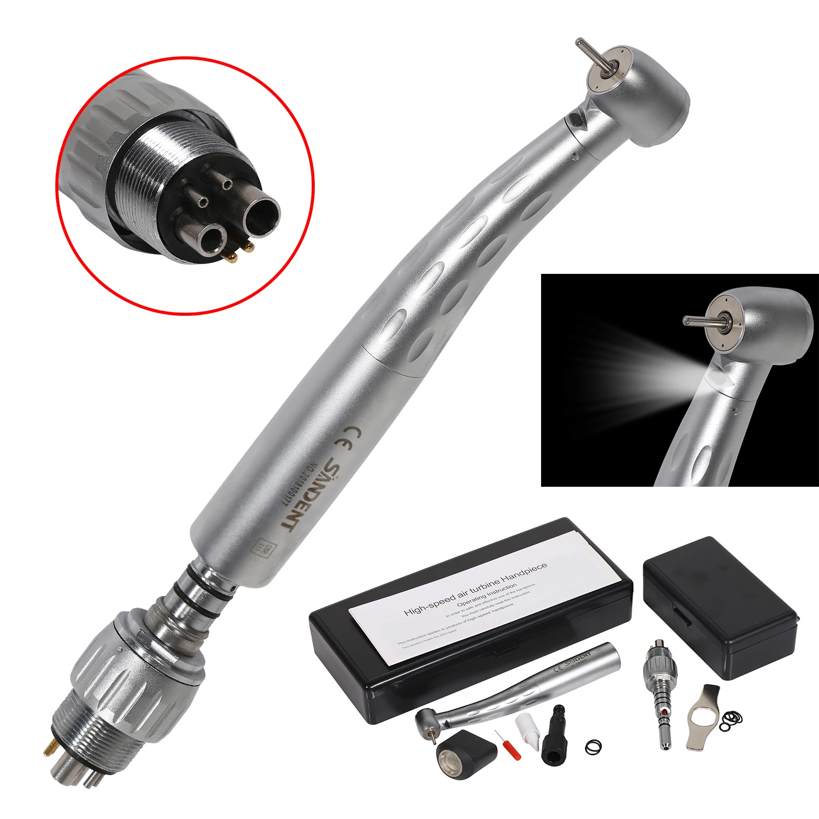 Dental Fiber Optic High Speed Large Head  Push Button Handpiece 4 Point Spray LED+6Hole LED Quick Coupler