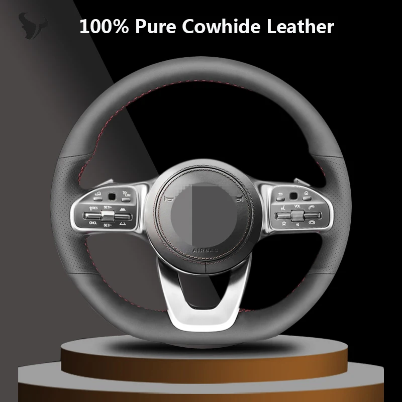 

Сшитый вручную черный чехол на руль из натуральной кожи для Mercedes-Benz A-Class W177 C-Class W205 E-Class W213 S-Class W222