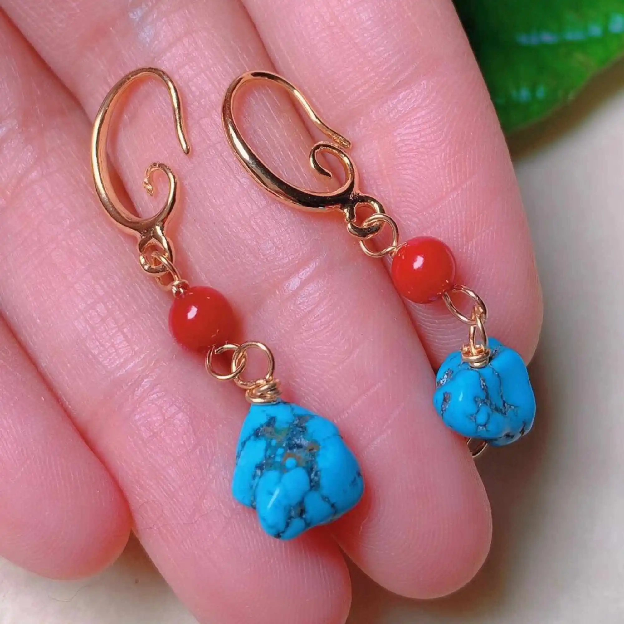 Natural Blue Turquoise red beads eardrop 18k gold Earrings Wedding Gift Diy Beautiful Freshwater New Jewelry