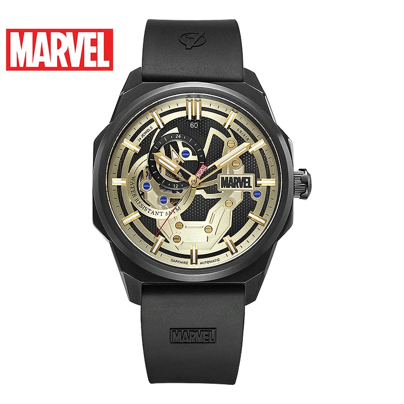 ساعة Marvel Avengers للرجال Iron Man Skeleton أوتوماتيكية بحركة ميكانيكية يابانية من الفولاذ المقاوم للصدأ وكريستال الياقوت