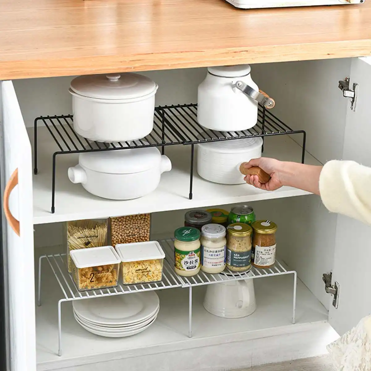 

Adjustable Kitchen Storage Rack Metal Cupboard Storage Shelf Non-Skid Spice Rack Single Layer Kitchenware Organizer Saving Space